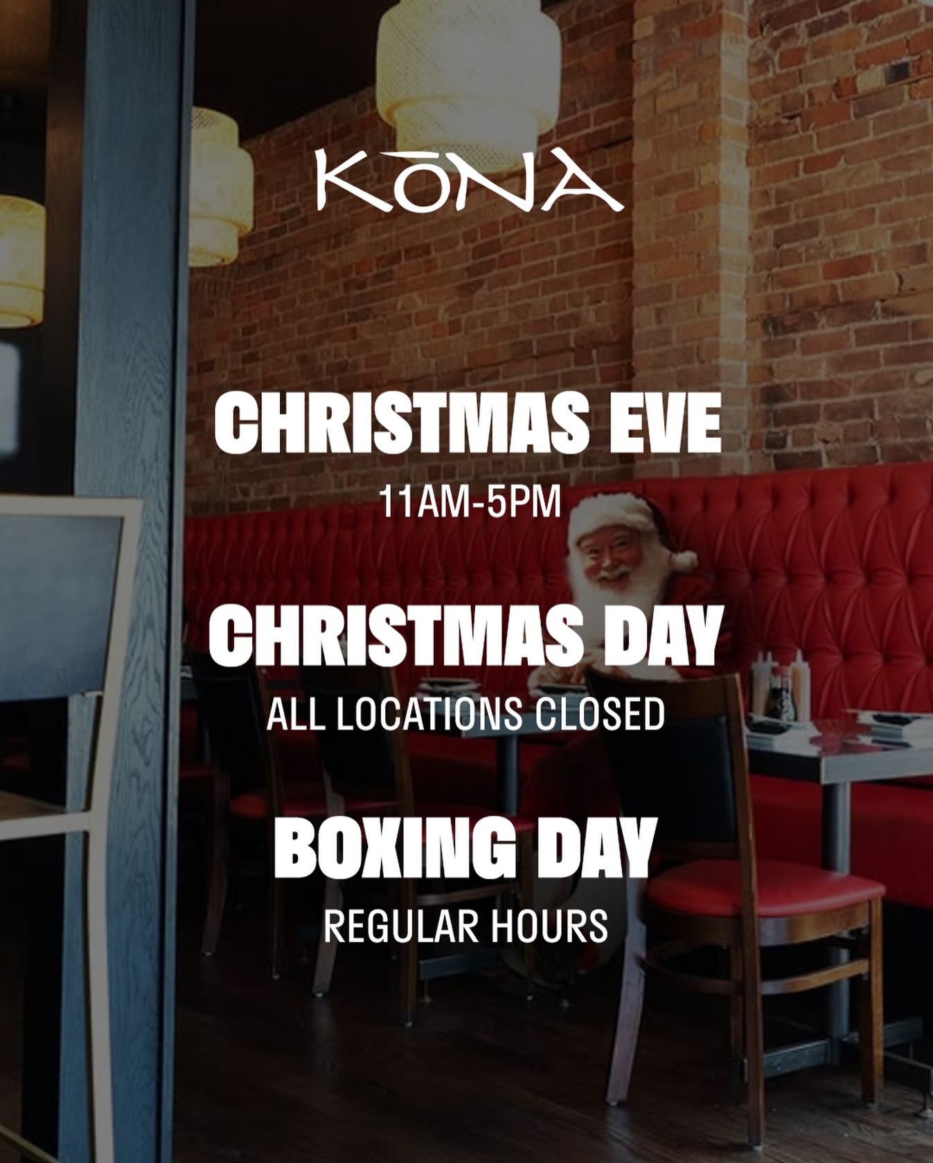 🎄 KōNA Holiday Hours at all locations 🎄
✨ Christmas Eve: 11AM–5PM
🎄 Christmas Day: Closed
🛍️ Boxing Day: Back to regular hours
Thank you for celebrating the season with us ❤️
_____________
#sushi #konasushi #windsorontario